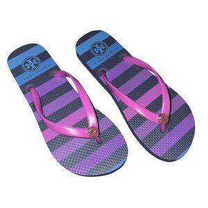 Tory Burch Pink and Purple Striped Flip Flops